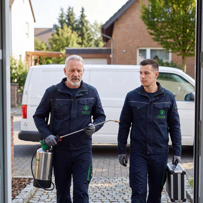 Andreas und Michael Neubauer treffen mit Schutzausrüstung, Drucksprüher und Bioziden beim Kunden ein